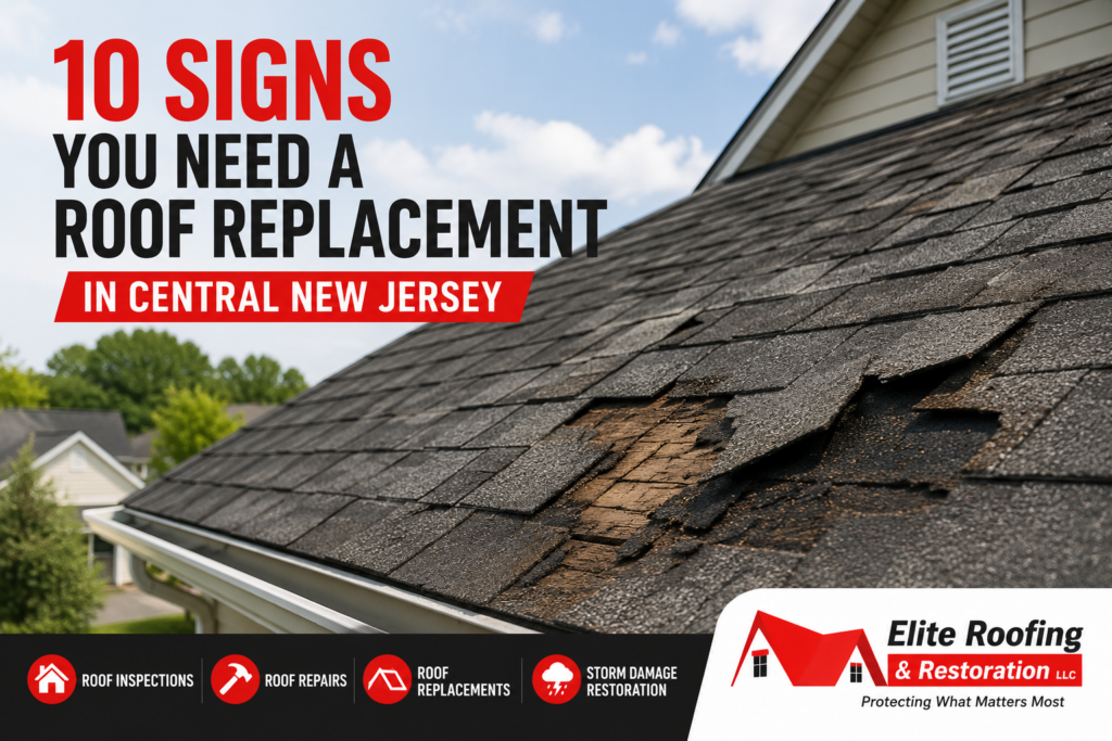 Damaged asphalt shingle roof showing missing shingles and signs of roof replacement in Central New Jersey.